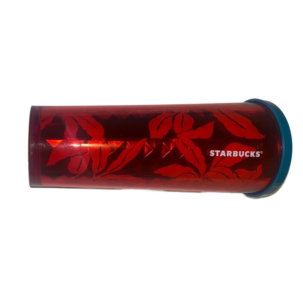Starbucks Red Flowers Berries Abstract Faceted Print Cold Cup TUMBLER 24Oz